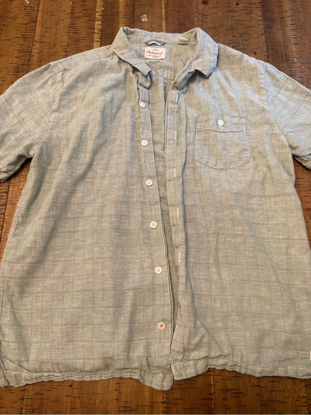 Vintage Large Linen Sage Green Short-Sleeve Button-Down Shirt